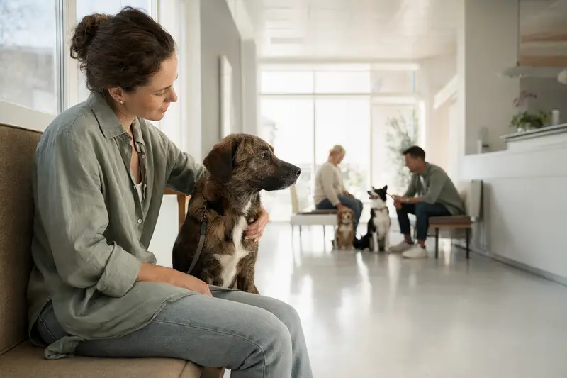 Ein Bardino Hund sitzt entspannt neben seinem Besitzer in einem modernen und sauberen Wartezimmer einer Tierarztpraxis.